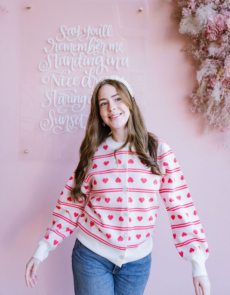 ICHI Brielle Cardigan in Birch with Red Hearts
