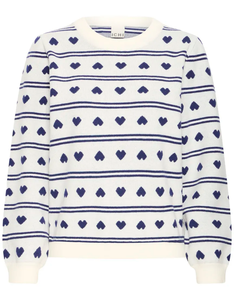 ICHI Brielle Pullover in Birch with Blue Hearts