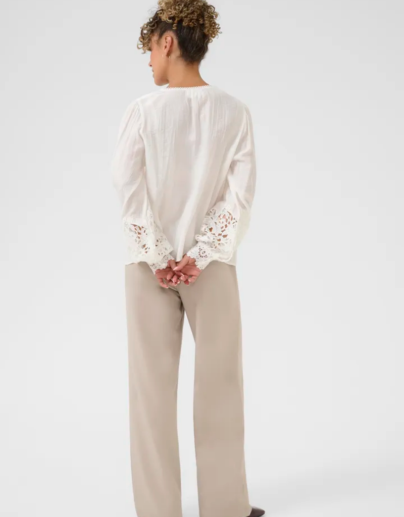 Cream Tina Blouse with Embroidered Lace Sleeve  in Snow White