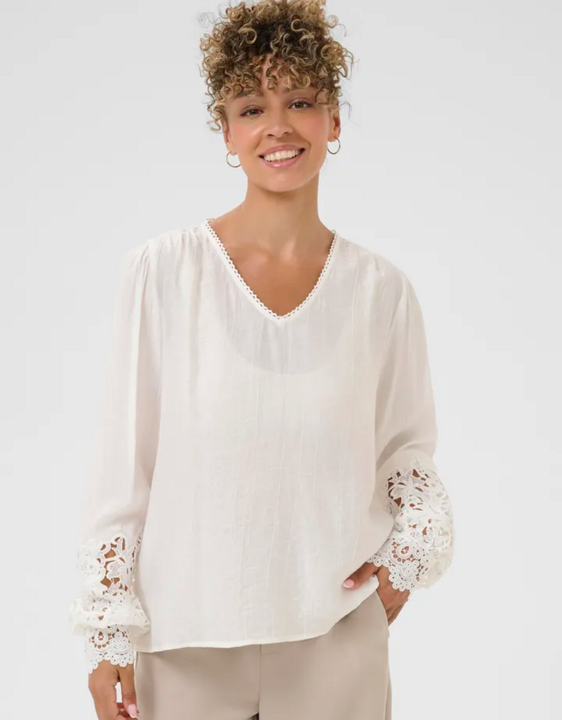 Cream Tina Blouse with Embroidered Lace Sleeve  in Snow White