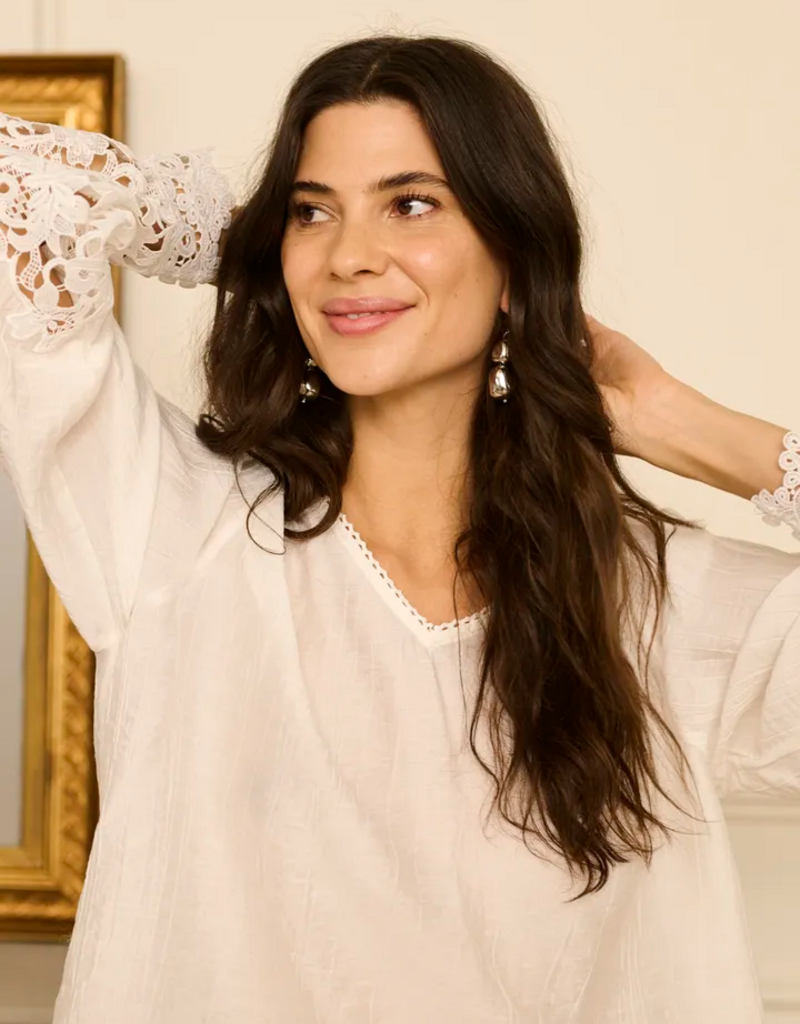 Cream Tina Blouse with Embroidered Lace Sleeve  in Snow White