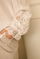 Cream Tina Blouse with Embroidered Lace Sleeve  in Snow White