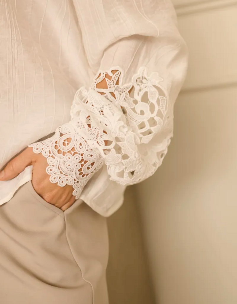 Cream Tina Blouse with Embroidered Lace Sleeve  in Snow White