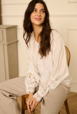 Cream Tina Blouse with Embroidered Lace Sleeve  in Snow White