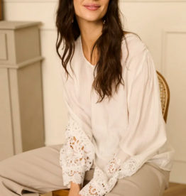 Cream Tina Blouse with Embroidered Lace Sleeve  in Snow White
