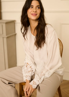 Cream Tina Blouse with Embroidered Lace Sleeve  in Snow White