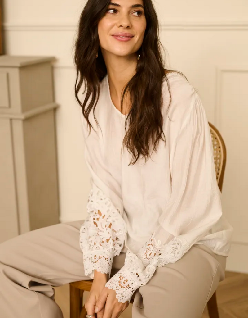 Cream Tina Blouse with Embroidered Lace Sleeve  in Snow White