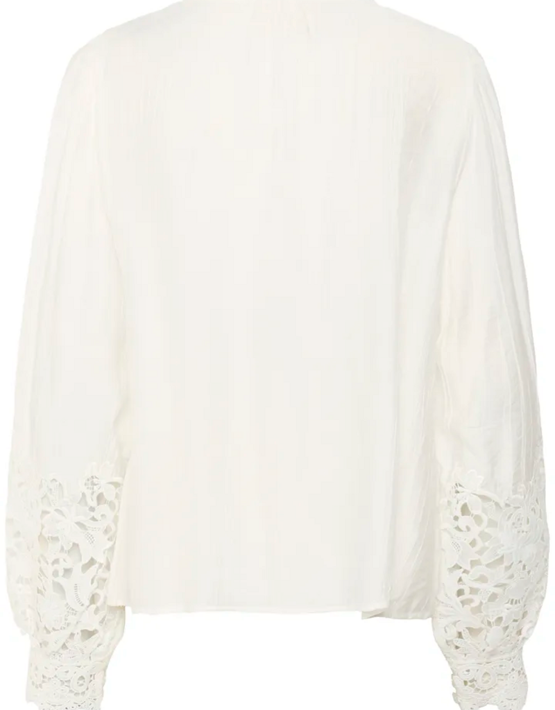 Cream Tina Blouse with Embroidered Lace Sleeve  in Snow White