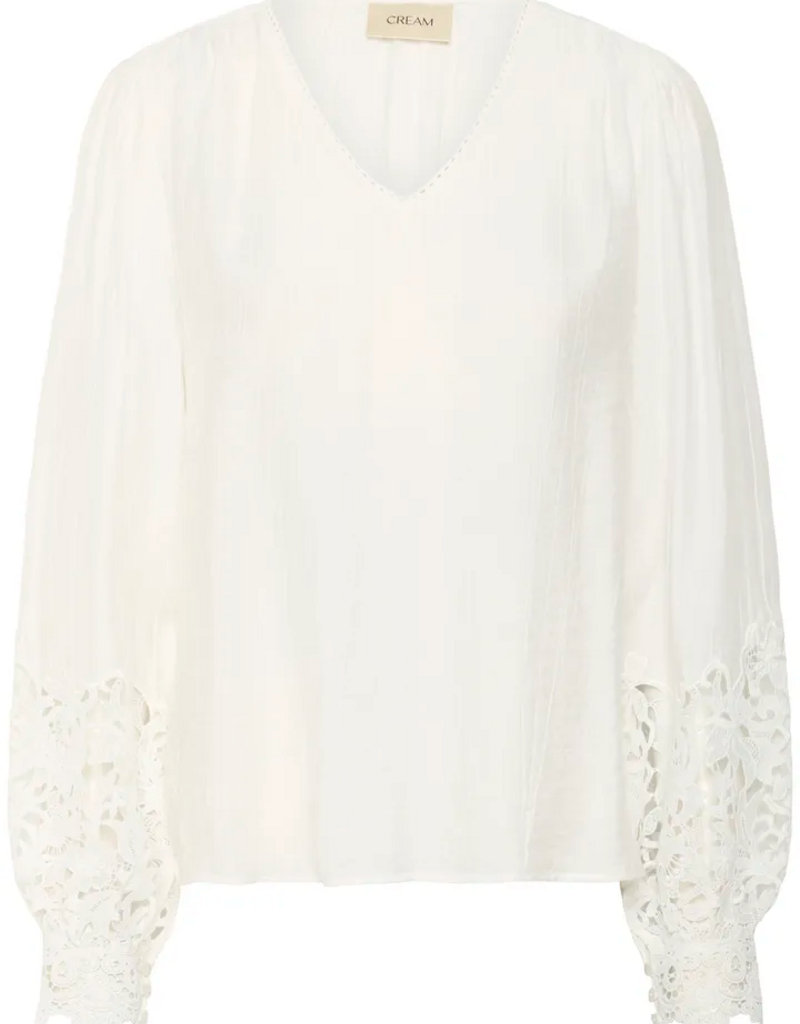 Cream Tina Blouse with Embroidered Lace Sleeve  in Snow White