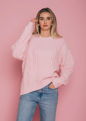 Brunette the Label Irish Cable Knit Oversized Sweater in Light Pink