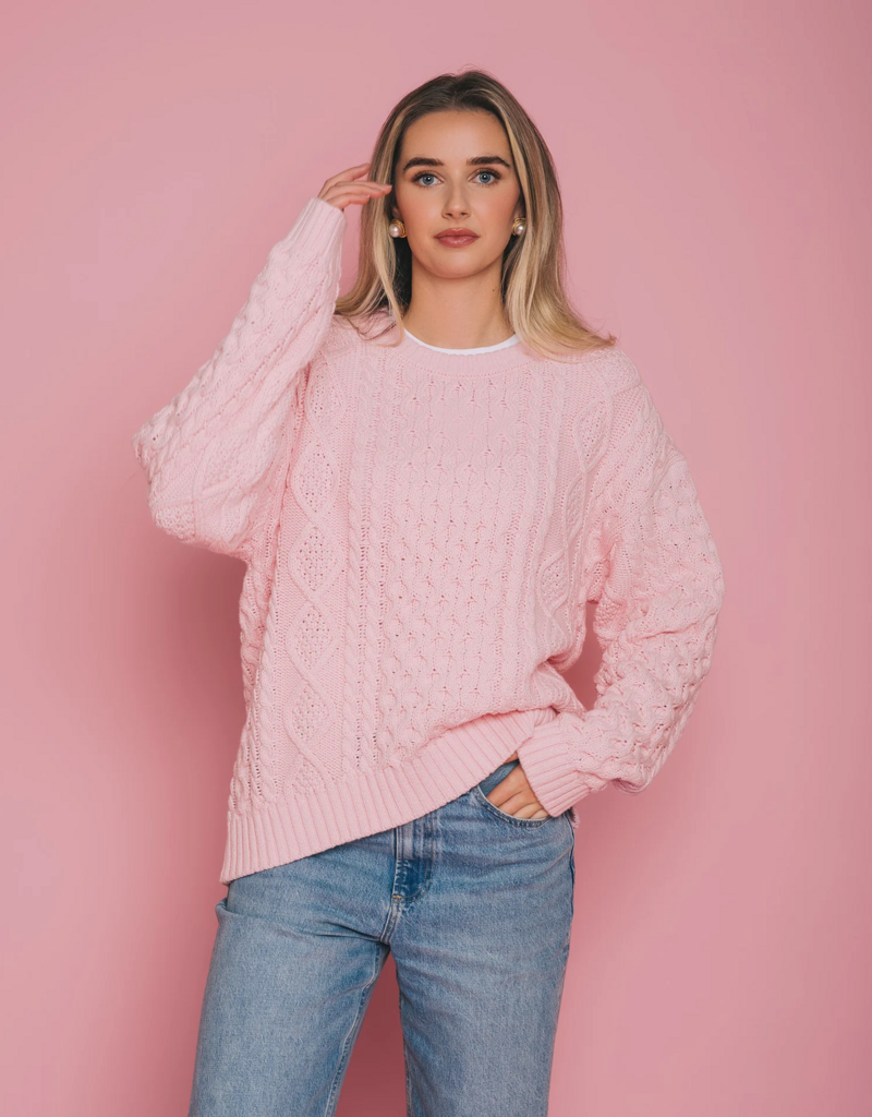 Brunette the Label Irish Cable Knit Oversized Sweater in Light Pink