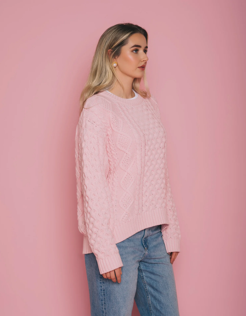 Brunette the Label Irish Cable Knit Oversized Sweater in Light Pink