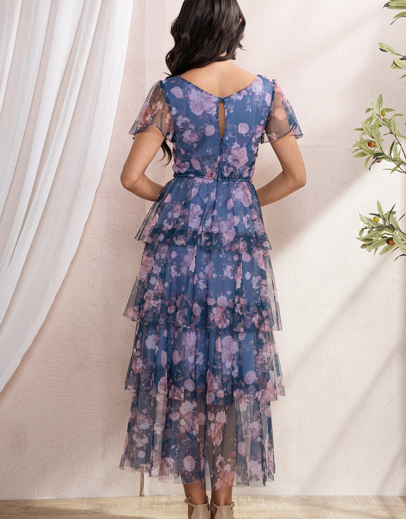 Soieblu Adeline Tiered Mesh Midi in Navy Rose Floral