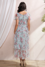 Soieblu Adeline Tiered Mesh Midi in Sky and Pink Floral