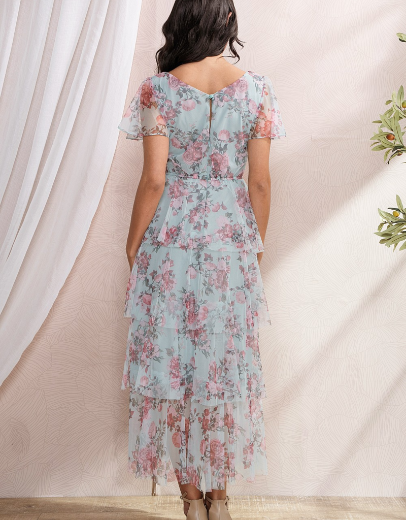Soieblu Adeline Tiered Mesh Midi in Sage and Pink Floral