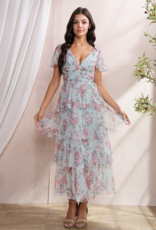 Soieblu Adeline Tiered Mesh Midi in Sky and Pink Floral