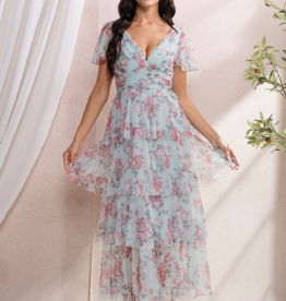 Soieblu Adeline Tiered Mesh Midi in Sky and Pink Floral