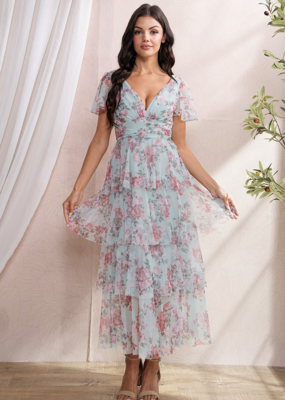 Soieblu Adeline Tiered Mesh Midi in Sky and Pink Floral