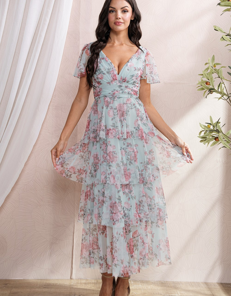 Soieblu Adeline Tiered Mesh Midi in Sky and Pink Floral