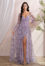 Soieblu Delia Deep Surplice Long Sleeve Mesh Maxi in Lavender Floral
