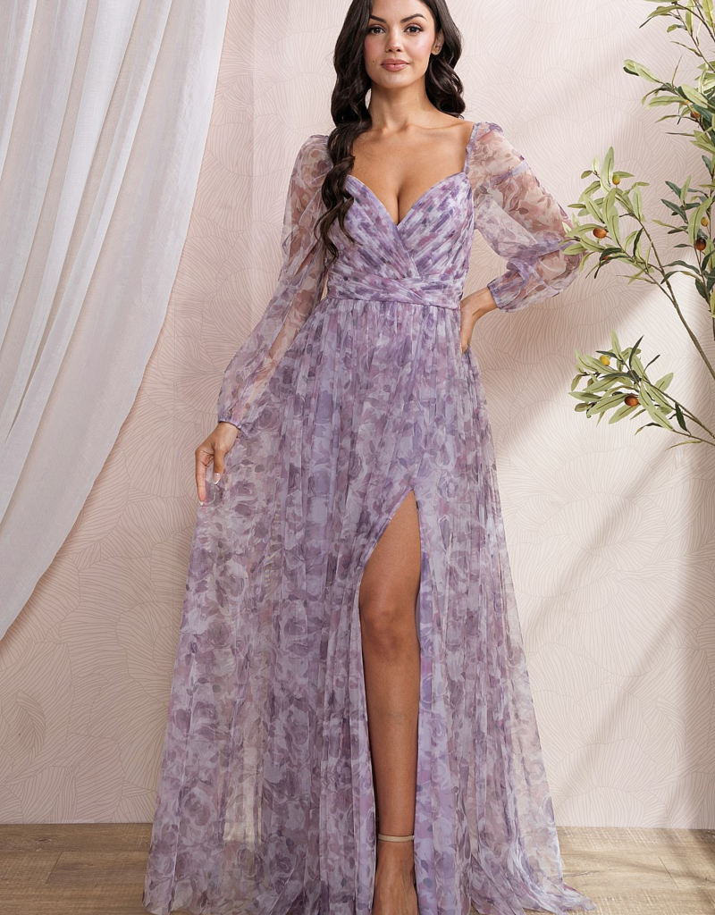 Soieblu Delia Deep Surplice Long Sleeve Mesh Maxi in Lavender Floral