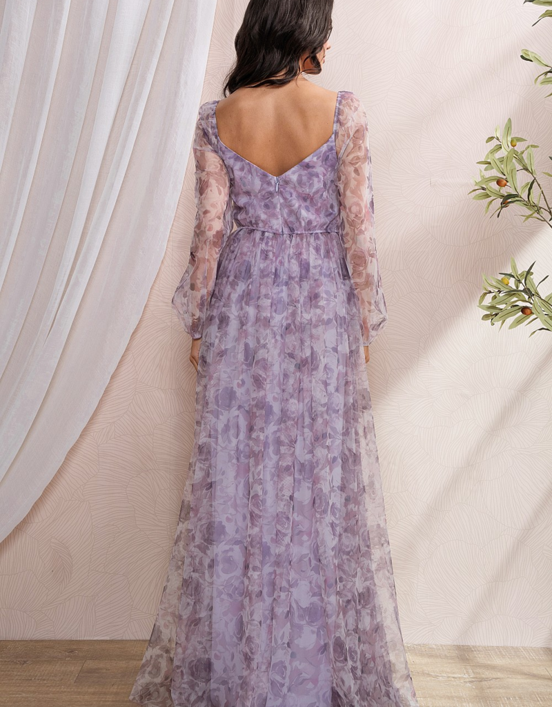 Soieblu Delia Deep Surplice Long Sleeve Mesh Maxi in Lavender Floral