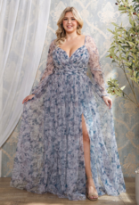Soieblu Delia Deep Surplice Long Sleeve Mesh Maxi in Dusty Blue Floral