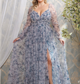 Soieblu Delia Deep Surplice Long Sleeve Mesh Maxi in Dusty Blue Floral