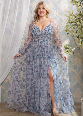 Soieblu Delia Deep Surplice Long Sleeve Mesh Maxi in Dusty Blue Floral