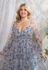 Soieblu Delia Deep Surplice Long Sleeve Mesh Maxi in Dusty Blue Floral