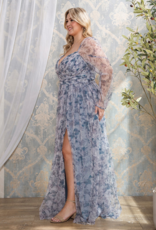 Soieblu Delia Deep Surplice Long Sleeve Mesh Maxi in Dusty Blue Floral