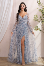 Soieblu Delia Deep Surplice Long Sleeve Mesh Maxi in Dusty Blue Floral