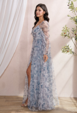 Soieblu Delia Deep Surplice Long Sleeve Mesh Maxi in Dusty Blue Floral