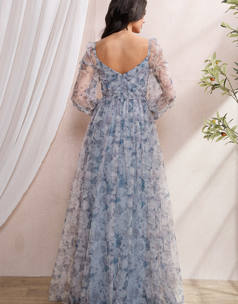Soieblu Delia Deep Surplice Long Sleeve Mesh Maxi in Dusty Blue Floral