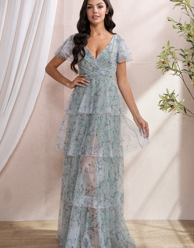 Soieblu Ariella Tiered Mesh Maxi in Dusty Sage Floral