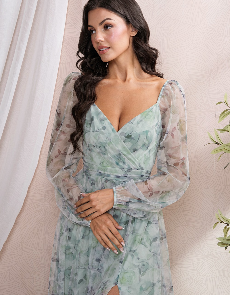 Soieblu Ivy Surplice Long Sleeve Mesh Maxi in Dusty Sage Floral