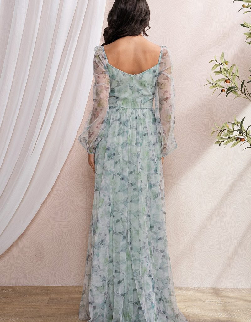 Soieblu Ivy Surplice Long Sleeve Mesh Maxi in Dusty Sage Floral