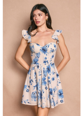 Dress Forum Azure Blossom Bustier Flutter Mini Dress in Blushed Blue