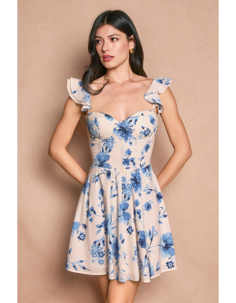 Dress Forum Azure Blossom Bustier Flutter Mini Dress in Blushed Blue