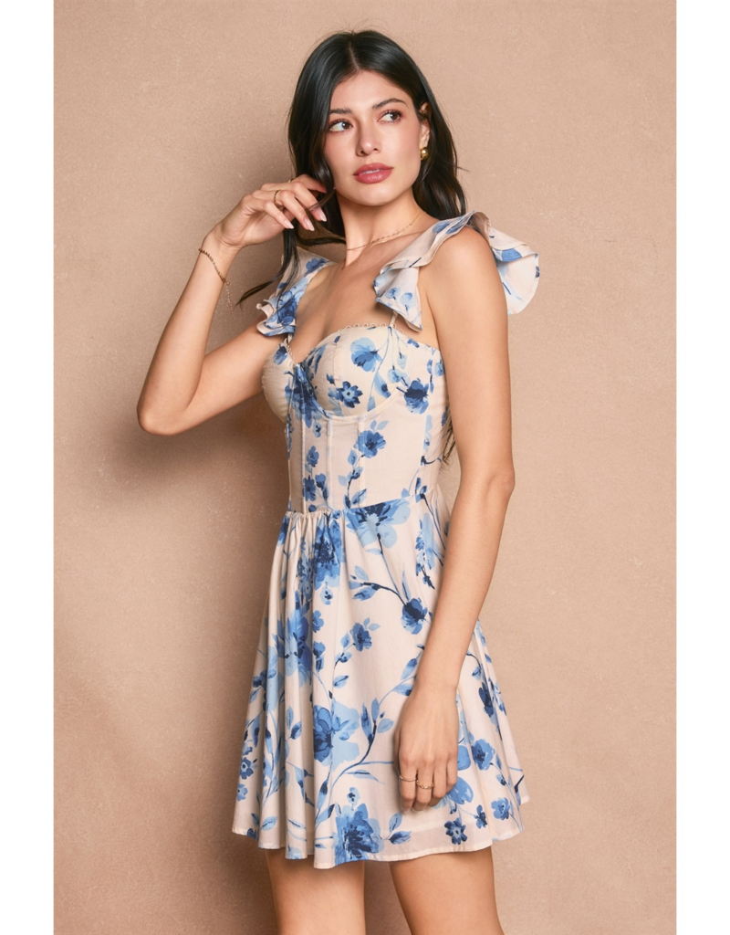 Dress Forum Azure Blossom Bustier Flutter Mini Dress in Blushed Blue
