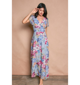 Dress Forum Garden Promenade V-Neck Flutter Sleeve Maxi Dress in Delicate Blues Floral