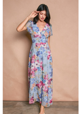 Dress Forum Garden Promenade V-Neck Flutter Sleeve Maxi Dress in Delicate Blues Floral