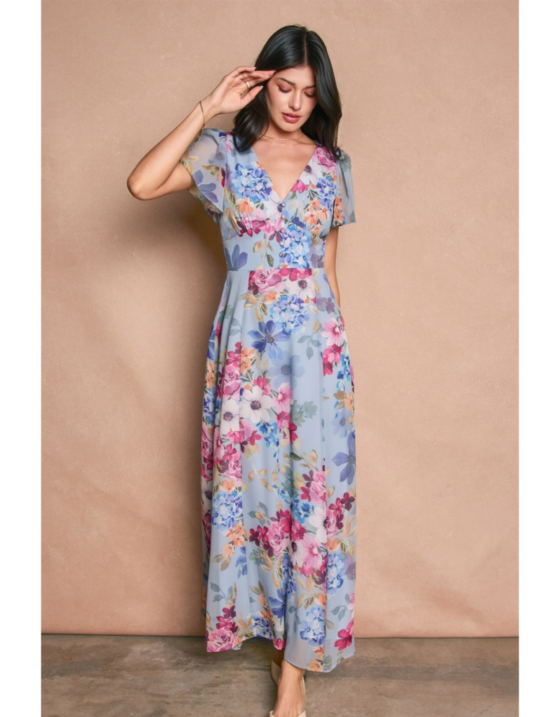 Dress Forum Garden Promenade V-Neck Flutter Sleeve Maxi Dress in Delicate Blues Floral