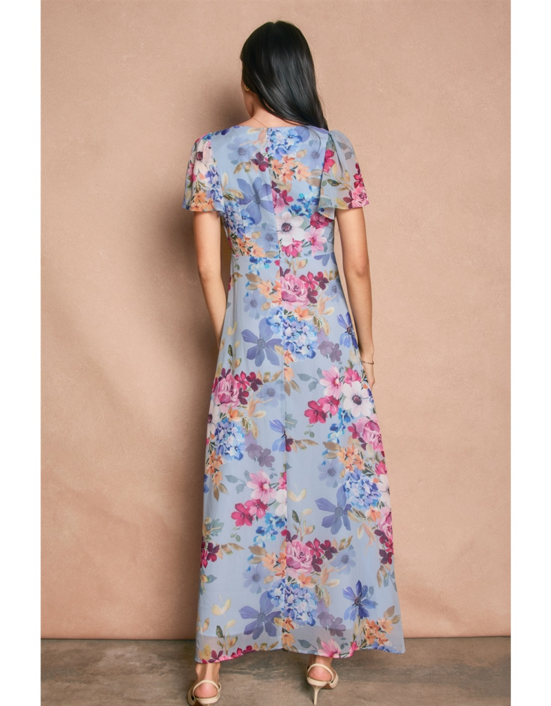 Dress Forum Garden Promenade V-Neck Flutter Sleeve Maxi Dress in Delicate Blues Floral