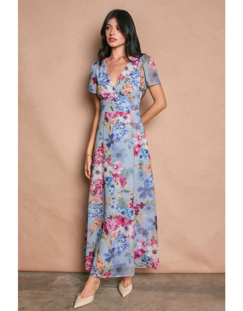 Dress Forum Garden Promenade V-Neck Flutter Sleeve Maxi Dress in Delicate Blues Floral