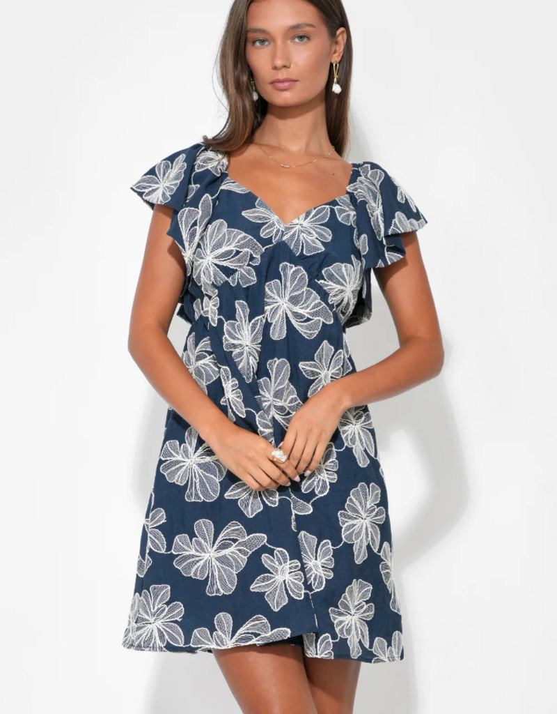 Adelyn Rae Lilah Ruffle Sleeve Embroidered Mini Dress in Navy