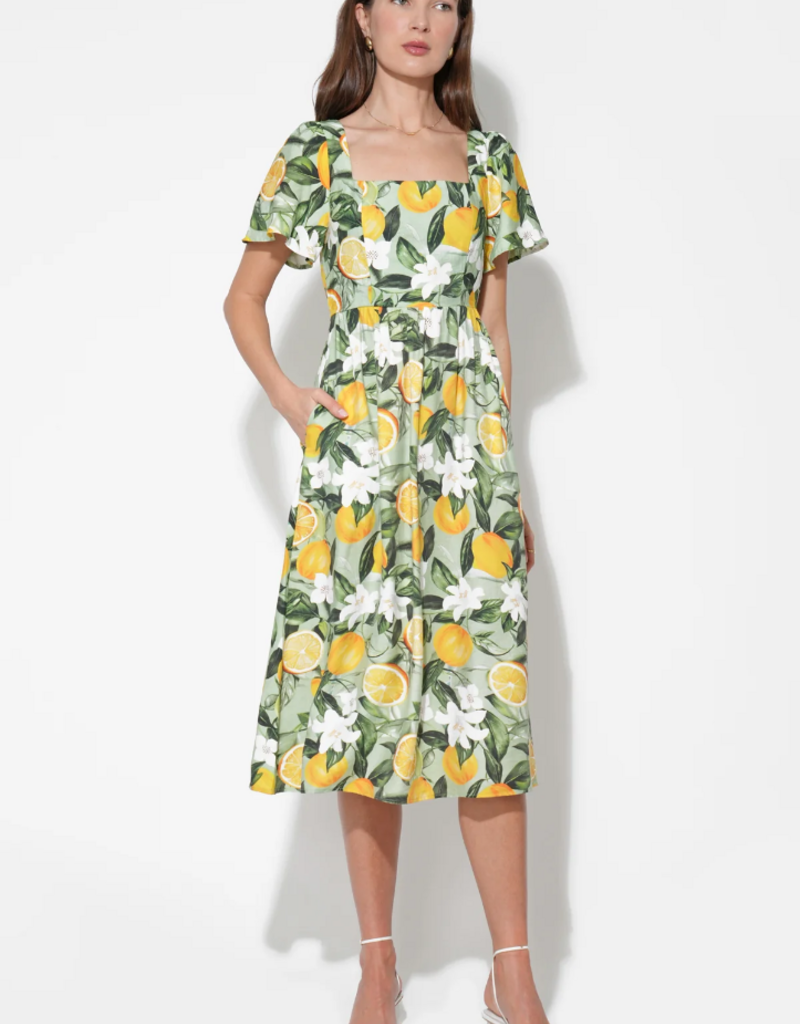 Adelyn Rae Kailany Bubble Sleeve Lemon Print Midi Dress