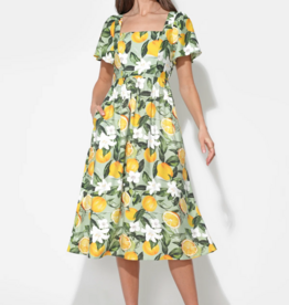 Adelyn Rae Kailany Bubble Sleeve Lemon Print Midi Dress