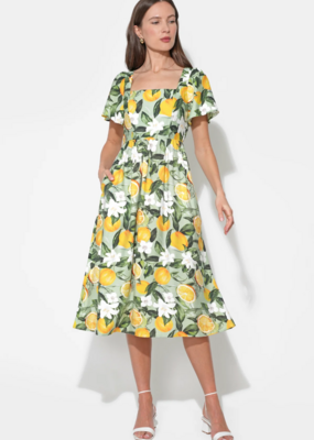 Adelyn Rae Kailany Bubble Sleeve Lemon Print Midi Dress