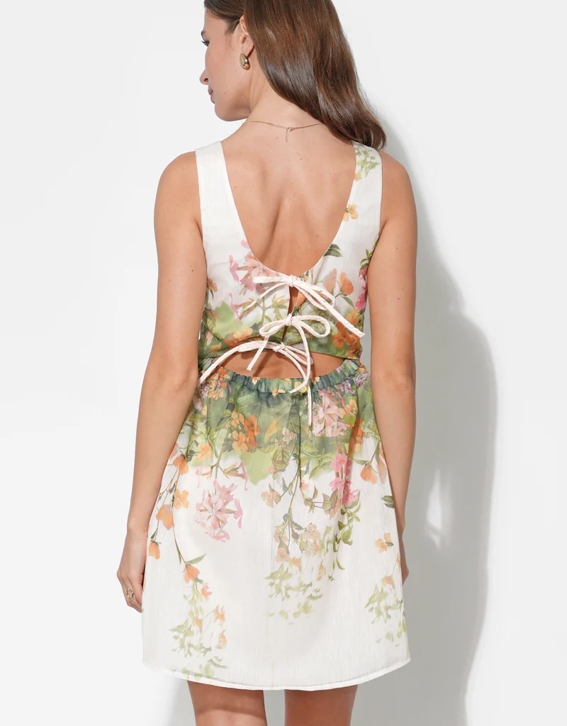 Adelyn Rae Isla Scoop Neck Fit & Flare Mini Dress in Cream/Green Floral Print